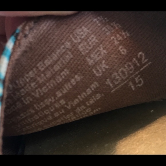 Brown teal fabric faux cork wedge heel sandals - Picture 5 of 8